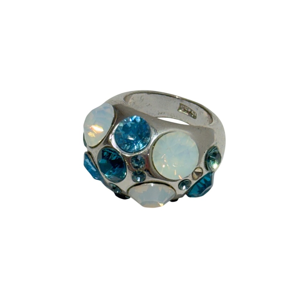 Swarovski Crystal Dome Cocktail Ring Women Size 5.75 Blue White Silver 18k GP